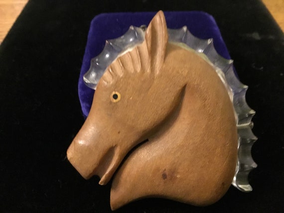 Vintage carved wood Lucite horse head Brooch/Pin - image 1