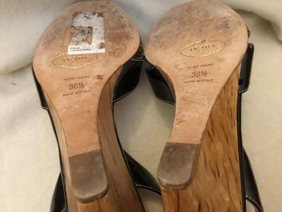 Vintage Prada Black Patent Leather Wood Veneer Wedge Slingback