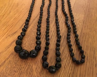 Vintage set of 3 faceted French jet glass bead hand knotted Necklaces