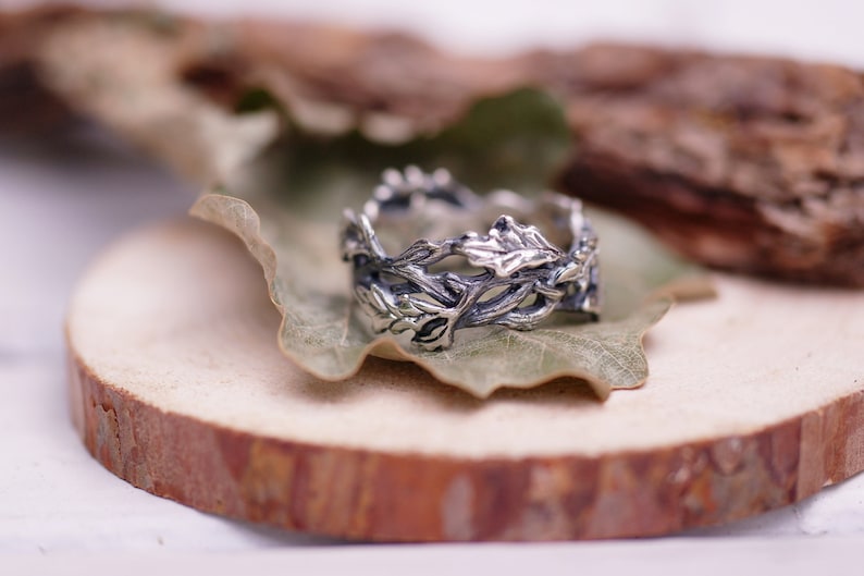 solid sterling silver Northern red forest branches jewelry Druid leaf Canadian oak ring silver twig wood elven branch tree woman man