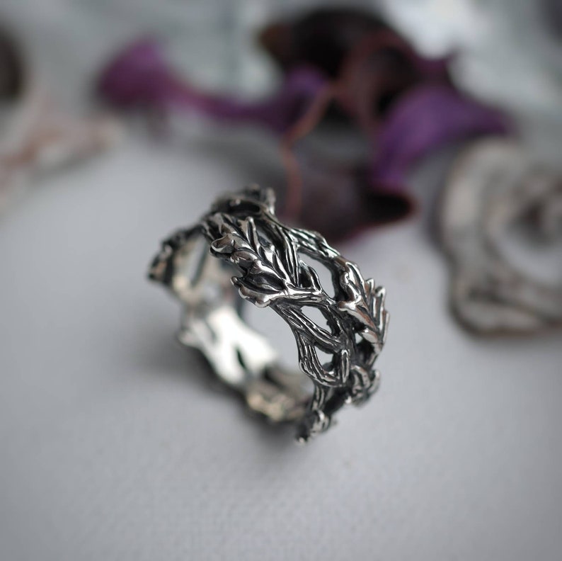 solid sterling silver Northern red forest branches jewelry Druid leaf Canadian oak ring silver twig wood elven branch tree woman man