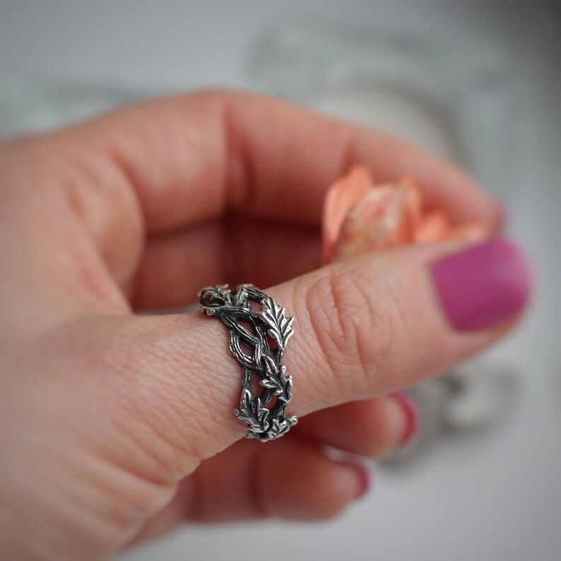 solid sterling silver Northern red forest branches jewelry Druid leaf Canadian oak ring silver twig wood elven branch tree woman man