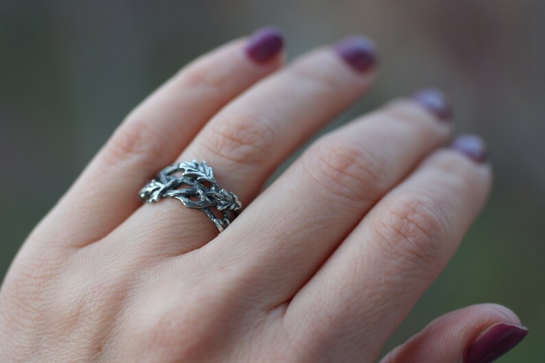 solid sterling silver Northern red forest branches jewelry Druid leaf Canadian oak ring silver twig wood elven branch tree woman man