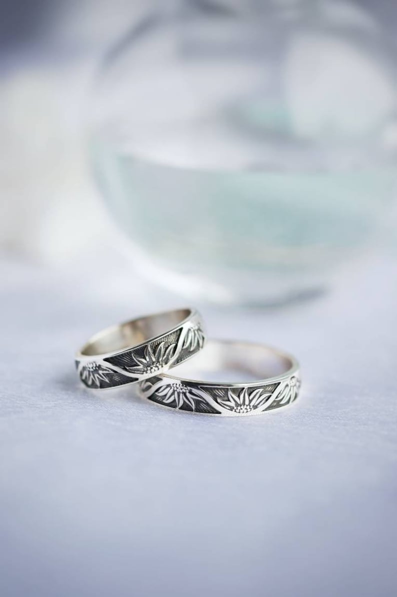 Sunflower wedding sterling silver bands Van Gogh floral