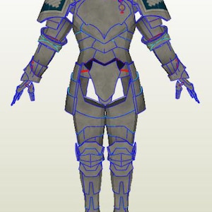 May include: A detailed grey and blue armour set with a red collar. The armour is made of metal and has a variety of intricate designs.