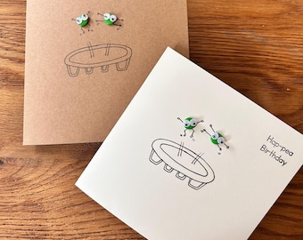 Trampolining Pair of Peas Card. Hap-pea Birthday Card.