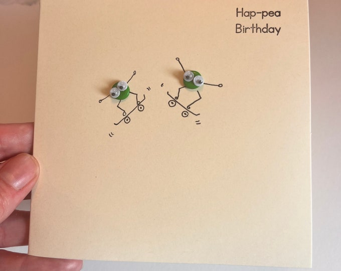 Skateboarding Pea Card.  Hap-pea Birthday Card.