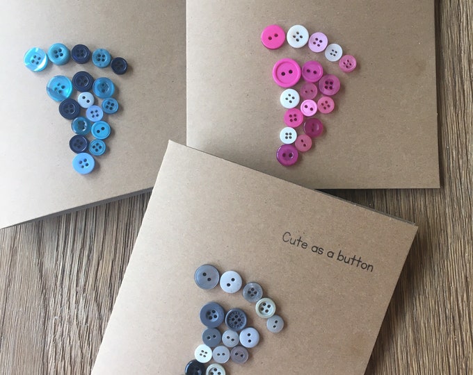 New baby/ baby shower cards. Button footprint cards. Handmade with buttons. Available in 3 colour themes