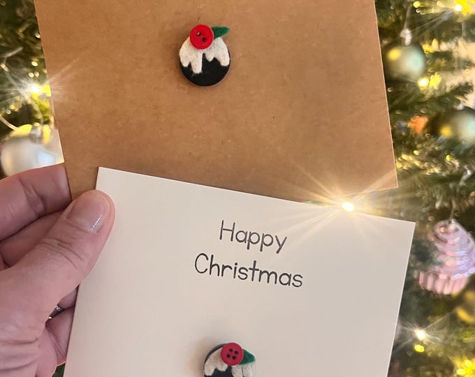 Handmade Christmas Pudding Card, Button & Felt Design