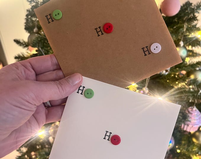 Christmas Ho Ho Ho button cards. Handmade with colourful buttons. On brown card or cream card