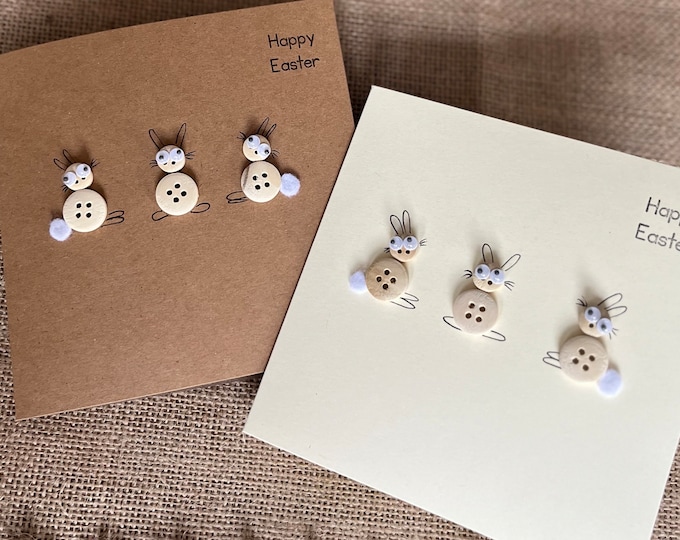 Easter bunnies. Three Easter bunnies greeting cards. On kraft brown or cream card.  Sold individually.