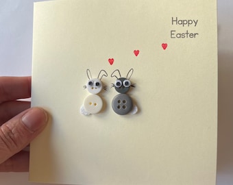 Easter cards- handmade with buttons. Easter love bunnies. On kraft brown or cream  card. Sold individually.