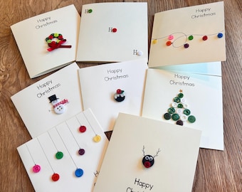 Handmade Christmas Card Set of 8 , Kraft or Cream, Button & Ribbon Designs