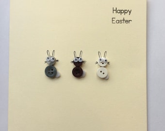 Easter cards- handmade with buttons. Easter mini bunnies in  grey white and brown. On kraft brown or cream  card. Sold individually.