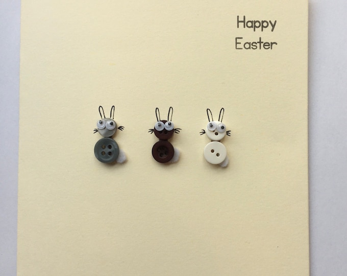 Easter cards- handmade with buttons. Easter mini bunnies in  grey white and brown. On kraft brown or cream  card. Sold individually.