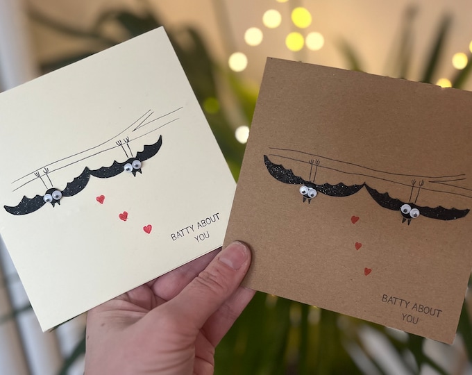Batty About You. Bat Love Card. Hanging bats.  Handmade Button Bat Card
