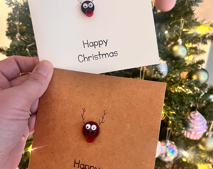 Handmade Reindeer Button Christmas Card, Kraft or Cream