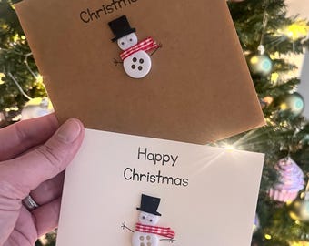 Handmade Snowman Button Christmas Card, Kraft or Cream