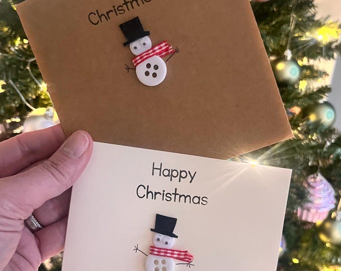 Handmade Snowman Button Christmas Card, Kraft or Cream