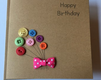 Birthday balloon button card. Multi coloured buttons and polka dot ribbon bow. Handmade greeting cards.