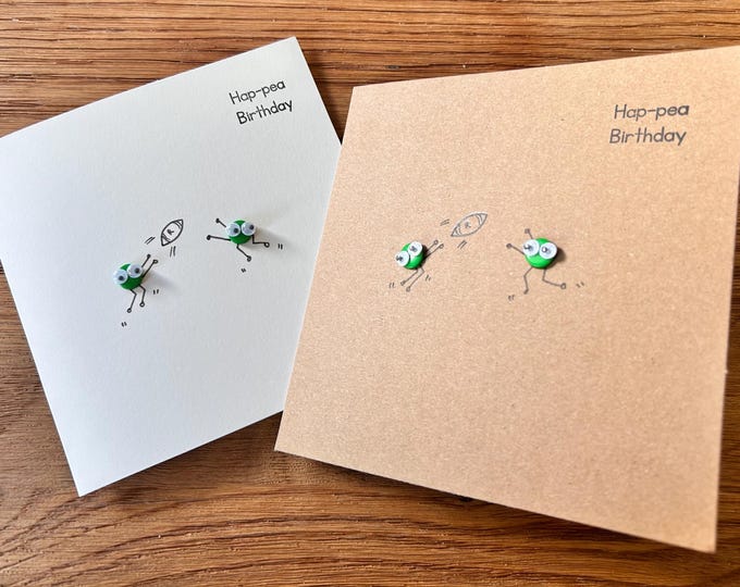 Rugby playing Pair of Peas Card. Hap-pea Birthday Card.
