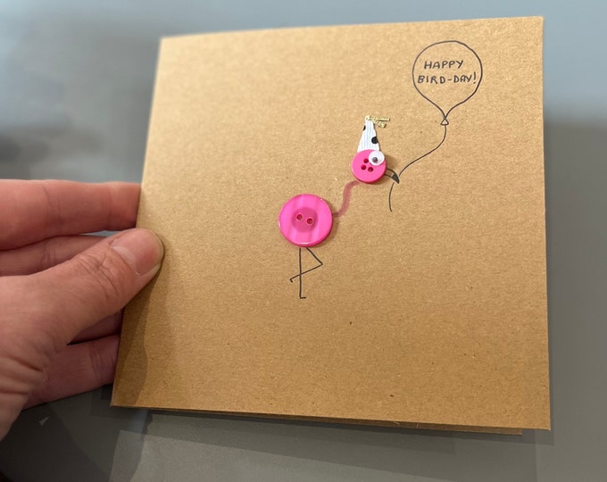 Happy Bird-day! Flissy the flamingo button Birthday card. Handmade button card.