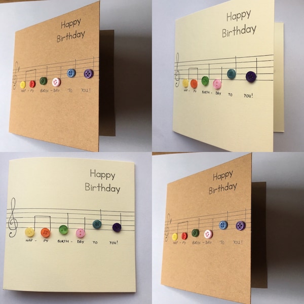 Birthday card with "happy birthday" as button music notes. In colourful buttons as music notes. Hand drawn card. On brown or cream card