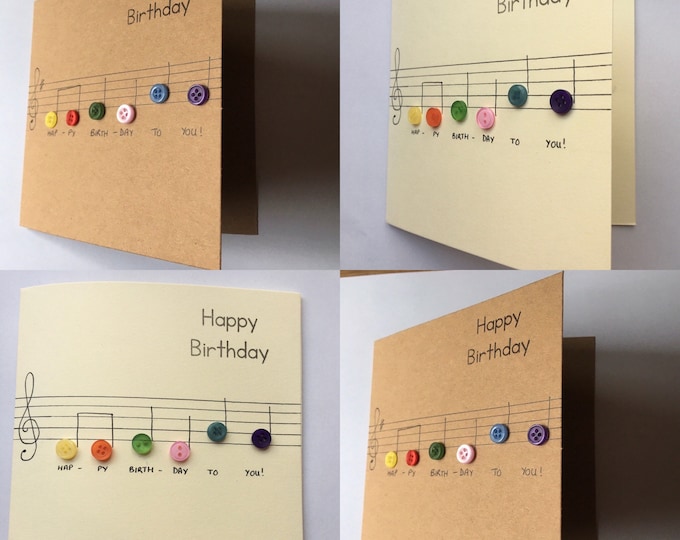 Birthday card with "happy birthday" as button music notes. In colourful buttons as music notes. Hand drawn card. On brown or cream card