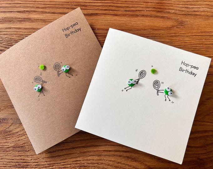 Tennis playing Pair of Peas Card. Hap-pea Birthday Card.