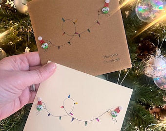 Handmade Button Peas Christmas Card, Fairy Lights  Card