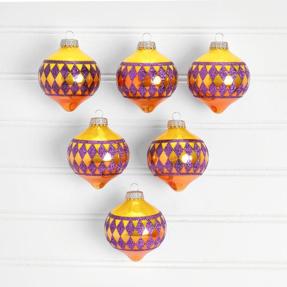 Set of 9 Glass Mardi Gras Ornaments with Metal Tops