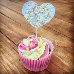 10 x Map Cake Toppers | Cupcake Toppers, Cake Picks, Heart Picks, Party Picks, Cupcake Decoration, Travel Wedding, Travel Party