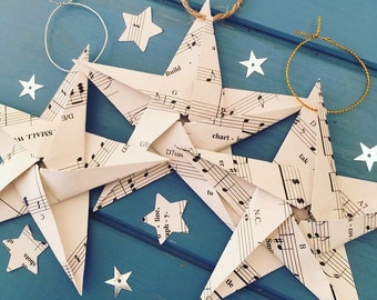 Paper Hanging Star, Origami Star, Rustic Christmas Decoration, Paper Tree Decoration, Christmas Tree Star, Musical Decoration, Teacher Gift
