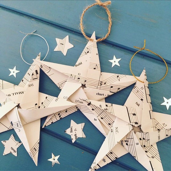 Paper Hanging Star, Origami Star, Rustic Christmas Decoration, Paper Tree Decoration, Christmas Tree Star, Musical Decoration, Teacher Gift