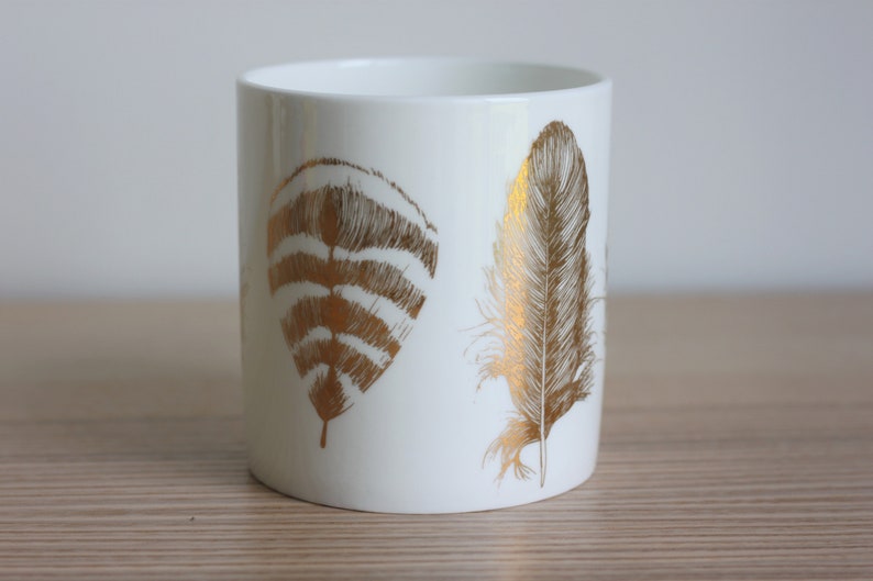 Gold feather print mug, fine bone china porcelain mug, gift for coffee lover, gift for her image 5