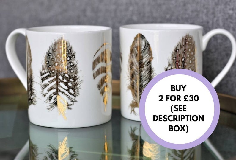 Gold feather print mug, fine bone china porcelain mug, gift for coffee lover, gift for her image 7