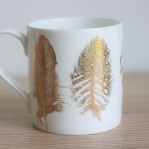 Gold feather print mug, fine bone china porcelain mug, gift for coffee lover, gift for her image 3