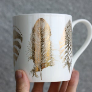 Gold feather print mug, fine bone china porcelain mug, gift for coffee lover, gift for her image 2