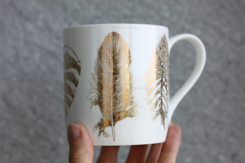 Gold feather print mug, fine bone china porcelain mug, gift for coffee lover, gift for her image 2