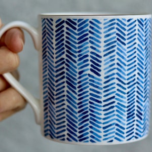 Blue herringbone pattern mug with gold rim, fine bone china mug