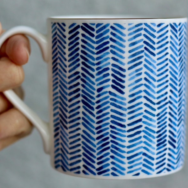 Taza con diseño de espiga azul con borde dorado, taza de porcelana de hueso fino