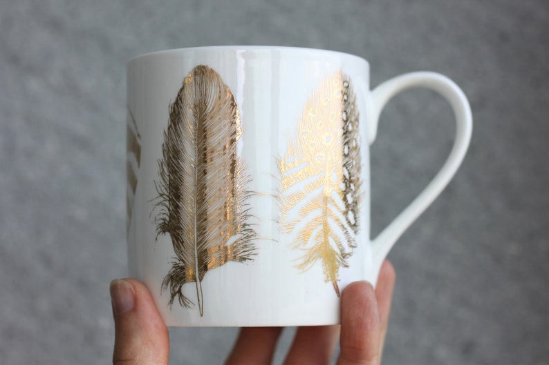 Gold feather print mug, fine bone china porcelain mug, gift for coffee lover, gift for her image 4