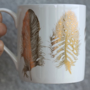 Gold feather print mug, fine bone china porcelain mug, gift for coffee lover, gift for her image 1