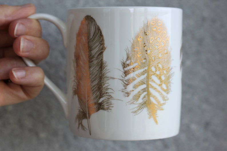 Gold feather print mug, fine bone china porcelain mug, gift for coffee lover, gift for her image 1