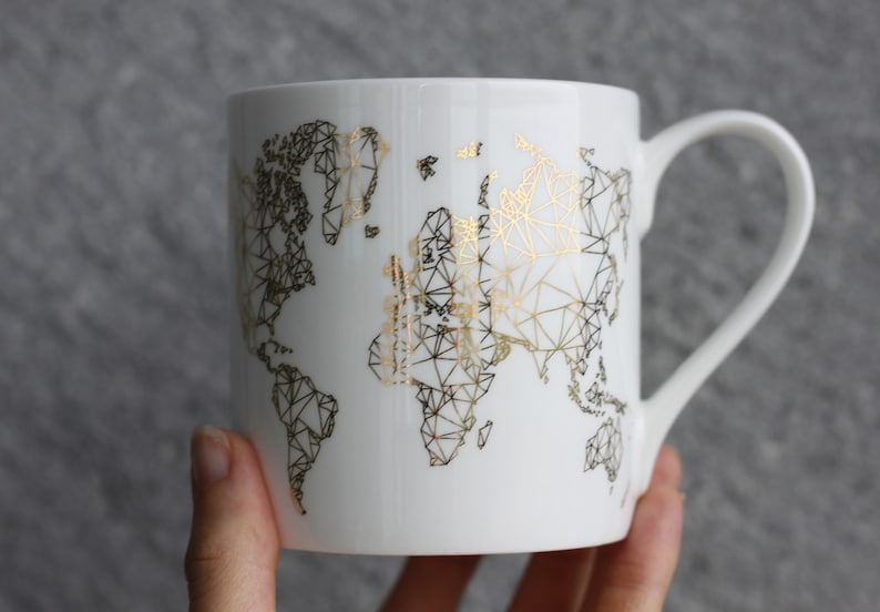 World map mug printed in gold best gifts for travel lover