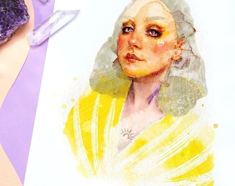 The Sun - Abstract Woman Portrait | Watercolor Woman Pastel Yellow Abstract Lines Art | Abstract People Art | Modern Lines Portrait