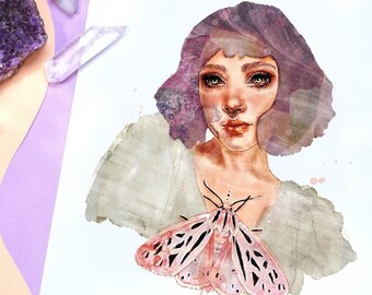Pastel Moth Girl Print | Pastel Woman Art | Abstract Watercolor Portrait | Moth Lady Pastel Goth Art Print