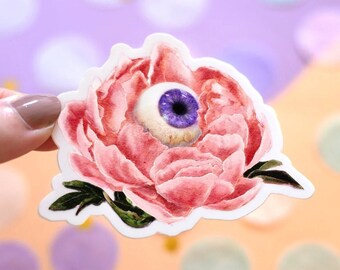 Pink Peony Vinyl Sticker | Witchy Peony Eyeball Sticker | Botanical Stickers | Witchy Stickers | Flower Sticker | Peony Decal