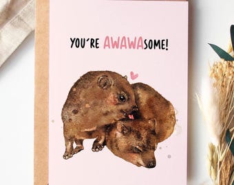 Cute Hyrax Awawa Card A6 | Rock Hyrax Card | Funny Anniversary Card | Cute Pun Card | Hyrax Meme Wawa Card | Cute Couple Folding Card