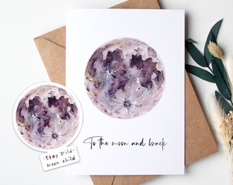 Watercolor Moon Card Set | Gold Embellished, Moon Child Sticker